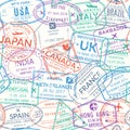 Passport stamp seamless pattern or background. International visa, airport grunge signs. Immigration, arrival and departure symbol Royalty Free Stock Photo